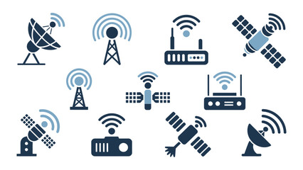 Fototapeta premium Various communication devices and satellites with signal waves on white background