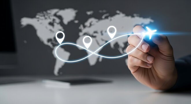 Hand tracing global travel route with airplane and destination pins on world map