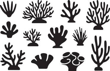 Obraz premium Marine life coral silhouette pack containing multiple underwater plant forms for oceanic biology and nature conservation projects.