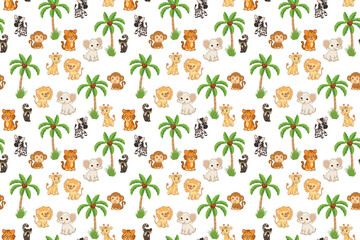 Seamless vector pattern Cute safari animals including lion cub, tiger cub, monkey, zebra, lemur, giraffe palm trees Transparent isolated background. For kids textiles, wrapping paper nursery designs. © Іванна Поліщук