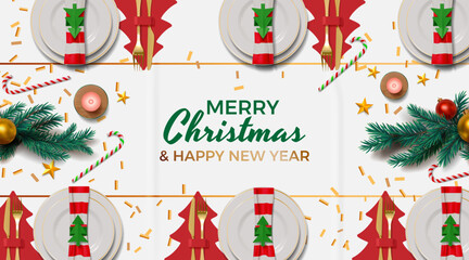 Naklejka premium Christmas table. New year dinner setting, 3d Xmas meal menu or happy holiday restaurant kitchen, top view napkins composition. Invitation card, seasonal celebration. Vector banner design