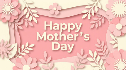 Obraz premium Delicate paper cutout floral frame with 'happy mother's day' text in soft pink and cream tones evoking warmth and celebration ideal for greeting cards and online wishes
