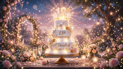 Fototapeta premium Beautiful 13th anniversary cake with floral decorations and sparkling lights in a romantic garden setting