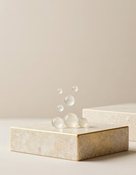 Glass bubbles elegantly float above a marble platform, creating an enchanting display of minimalism and luxury. Use: beauty advertisement hero.