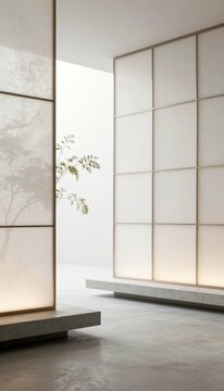 A serene, modern minimalist room featuring a large wooden partition with illuminated panels and concrete flooring. Perfect for travel blogs or.