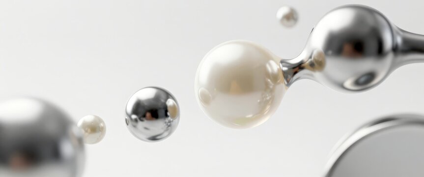 A serene, high-end display of lustrous pearls suspended in metallic spheres against a minimalist backdrop.
