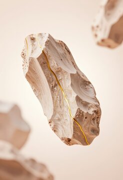 A detailed wooden sculpture with a golden vein, suspended in mid-air against a soft beige backdrop. Use: Gallery exhibition display, interior decor.