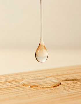 A close-up shot of a milk droplet falling from a spoon onto a wooden surface, with beige backdrop. Use: product advertisement for dairy products.