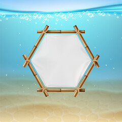Obraz premium Underwater bamboo hexagon banner. Realistic marine scene with empty frame and rope knots, water bubbles and sand, square card design with copy space for text. Sea background. Vector template