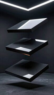 An elegant display of floating black carbon-fiber shelves with LED backlighting, perfect for a contemporary office or tech-focused ad. Use: product.