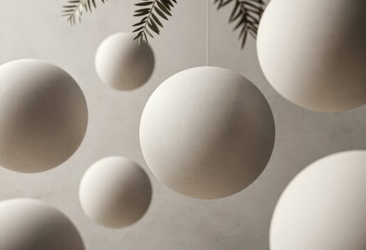 Abstract white spheres float gently amidst greenery, perfect for modern home decor. Use in minimalist interior design features and contemporary.