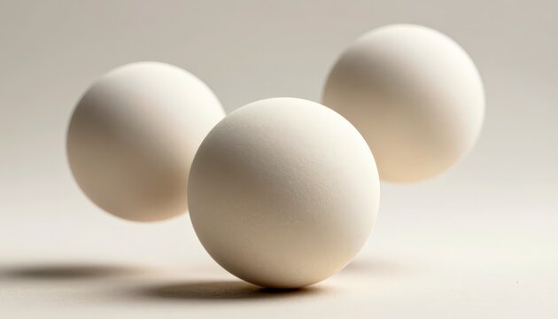 Three white, fresh eggs balanced on a simple surface in soft lighting; perfect for health and nutrition content.