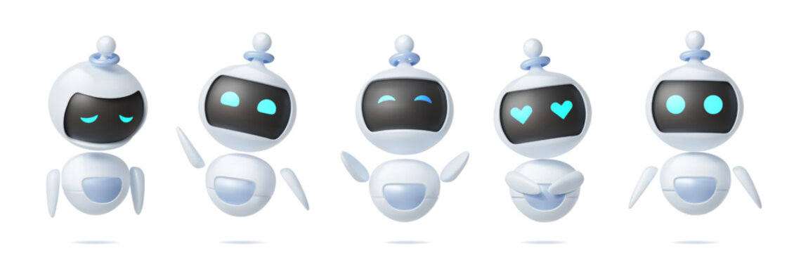 Ai agent. 3d robot, chatbot mascot or digital smart character with futuristic cute eye, communication assistant face different emotions. Artificial intellect. Vector icon cartoon isolated set