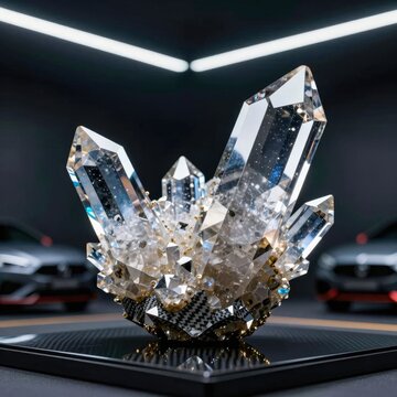 An exquisite crystal sculpture, with intricate reflections and sparkling glass-like elements. The Use: can be used for high-end product photography.