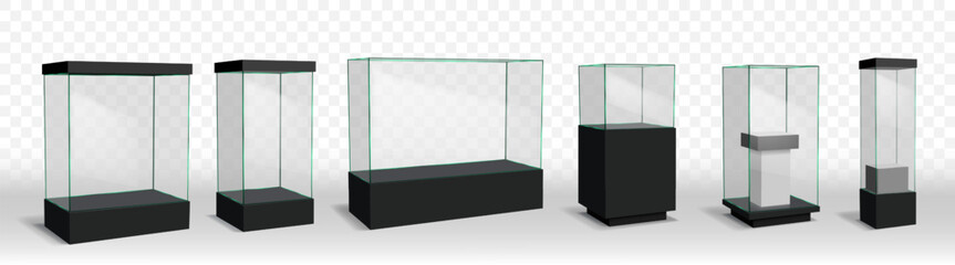 Naklejka premium Glass case. 3d display box, clear cube with podium or showcase cover for presenting products. Empty stand block, exhibition cylinder blank shelf. Vector retail pedestal mockup
