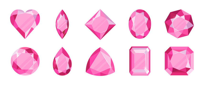 Pink diamond. Different forms glossy reflections brilliant elements. Heart gem, crystal square gemstone glitter stone shape. Oval, round and rectangle ruby sapphire. Vector isolated icons