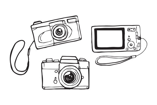 Three cameras set hand drawn doodle vector. Film camera, compact digital camera front and back view. Retro photography, analog, Y2K nostalgia illustration isolated on white background.