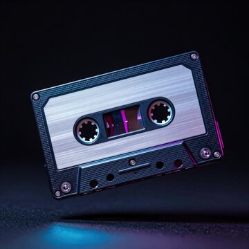 A retro cassette tape floating with blue and purple lights in a dark setting, perfect for nostalgic media or technology themes. Use: travel blog.