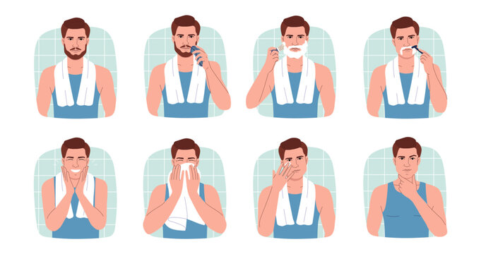 Man wash face. Men skin care, male facial foam for handsome beauty. Makeup clean, acne cleansing mask, process and hygienic grooming stages with cosmetic products. Vector cartoon set