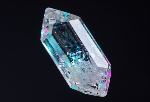 A naturally occurring, hexagonal-shaped titanium dioxide crystal with stunning blue and pink hues, sparkling transparency, and refractive optical.