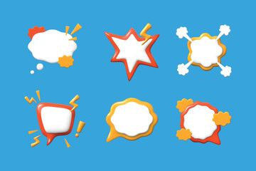 Naklejka premium 3d think cloud. Comic speech balloon reactions, white empty text box or chat message shape. Glossy cartoon render elements. Explosion comment and thinking cloud, vector isolated set