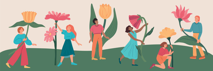 Naklejka premium People with flowers. Big doodle person, trendy young woman holding giant plant or funny large man in garden. Spring summer characters with blossoms. Vector cartoon isolated illustration