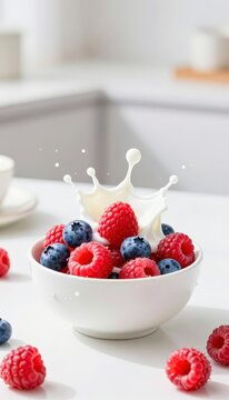 A white bowl filled with red raspberries and blueberries topped by a milk splatter, perfect for breakfast advertisements or cooking blogs.