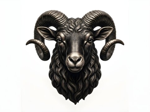 Detailed bronze sculpture of a ram's head with curly horns and beard on white background, illustration