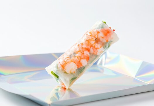 A vibrant, colorful shrimp spring roll elegantly presented on a holographic plate. Use: travel blog hero, magazine feature.