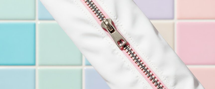 A close-up of a pastel pink and white satin zipper bag with colorful tiled tiles in soft hues, suggesting use as an accessory for daily items.