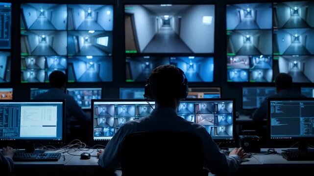 Tracking shot of security operator monitoring multiple surveillance screens and typing in dim control room at night