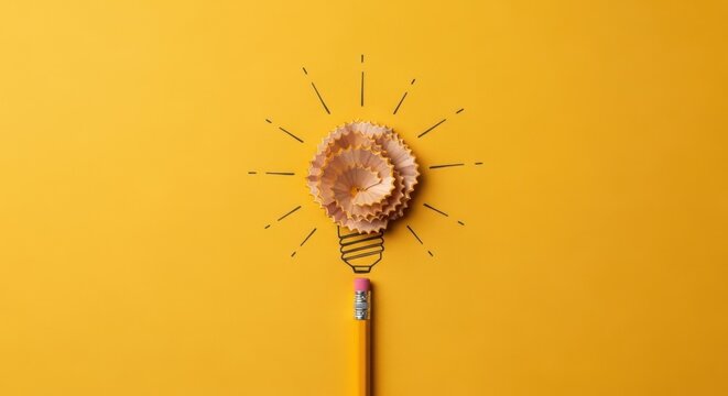 Creative Light Bulb Idea and Innovation Concept with Yellow Pencil Eraser and Spiraled Wood Shavings on Bright Yellow Background