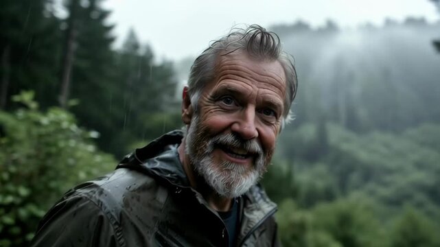 Tracking shot of older man walking and speaking toward camera on rainy forest trail with misty pine hills