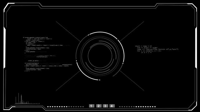Black white HUD code interface circular scanner rings, thin border frame, small programming text, minimal tech layout. for cyber videos, software demos, AI screens, developer intros, and overlays.