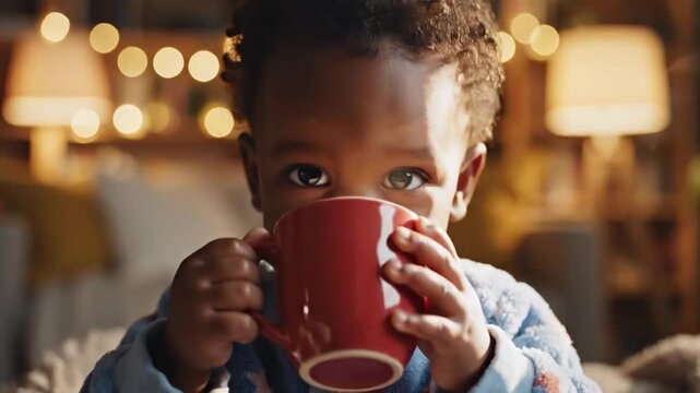 Black Toddler Sipping Steaming Mug Cozy Livingroom With Lights And Blanket, Wearing Star Pajamas And Knitted Throw, Closeup Expression Of Wonder As Steam Rises, Warm Bokeh Glow, Intimate Holiday