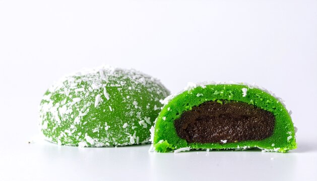 Klepon Broken Open with Melting Palm Sugar Filling and Coconut Coating Texture, Ultra Macro Isolated on White
