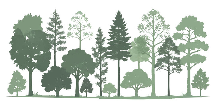 Set of various gray tree silhouettes including pine oak and spruce trees for forest landscape design and nature graphics