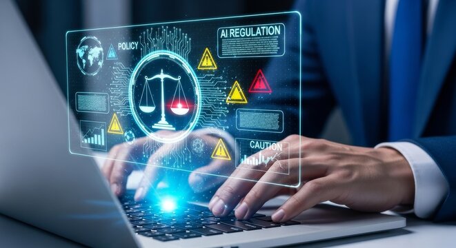 business professional using ai regulation hologram for compliance and automation