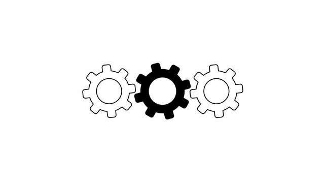 3 white gears spinning. Group of gears. Alpha channel. Gears rotating animation. cogwheel gear icon logotype rotating animation. 4k gears icon animation video.