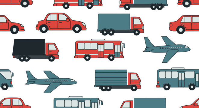 Seamless transport pattern with cars buses trucks and airplanes