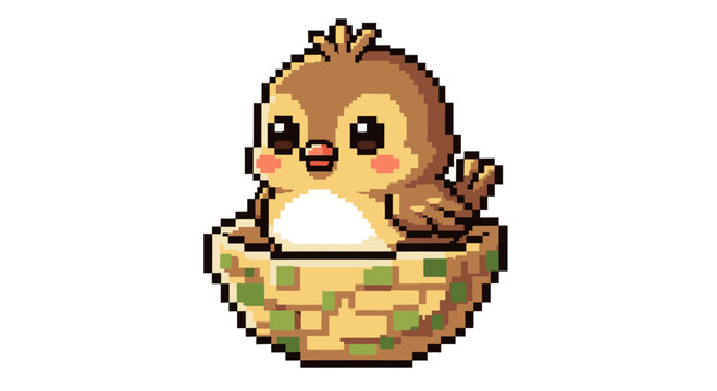 Cute pixel art baby bird sitting in a nest, digital illustration for game assets