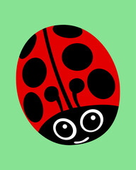 Fototapeta premium Cute ladybug with big, round eyes. Red body with black spots. Smiling face, friendly expression. Light green background, simple design. Perfect for children's projects or educational use