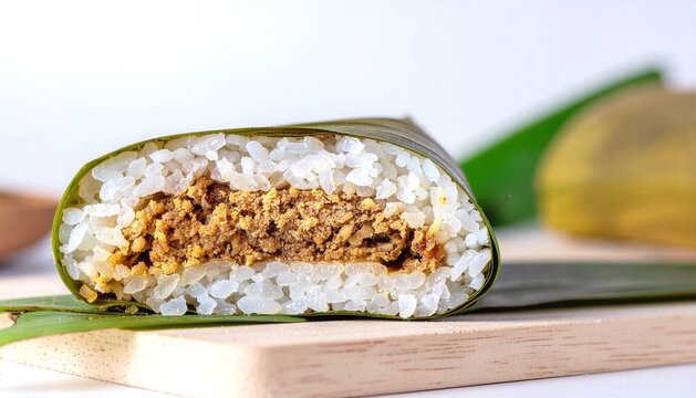 Lemper Ayam Sticky Rice Roll Sliced Diagonally with Banana Leaf Detail on Clean Minimal Background