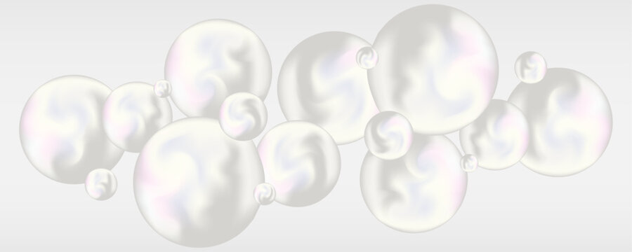 Realistic white pearls background. Luxury group of iridescent pearl spheres or beads on light grey for design wedding invitation, interior wall, banner. Vector illustration