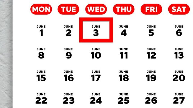 The date June 3rd marked with a red cursor on the wall calendar 2026