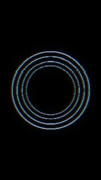 Broken neon circle interface space flickering arc rings, chromatic color shift, screen noise, and VHS style distortion. glitch transitions, sci fi titles, hacker promos, data visuals, logo reveals,