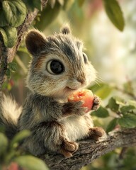 Obraz premium Cute 3D render of a small squirrel with big eyes enjoying a red berry in nature 
