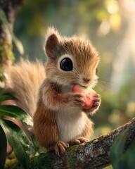 Obraz premium Adorable fluffy baby squirrel eating a fresh strawberry on a tree branch 