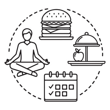 Fast food burger icon illustration set for restaurant menu design featuring cartoon style cooking and dining symbols