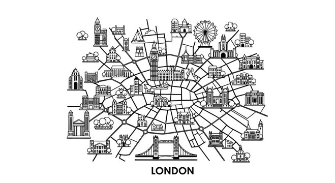 London City Map Illustration with Famous Landmarks, Black and White Line Art, Travel Concept